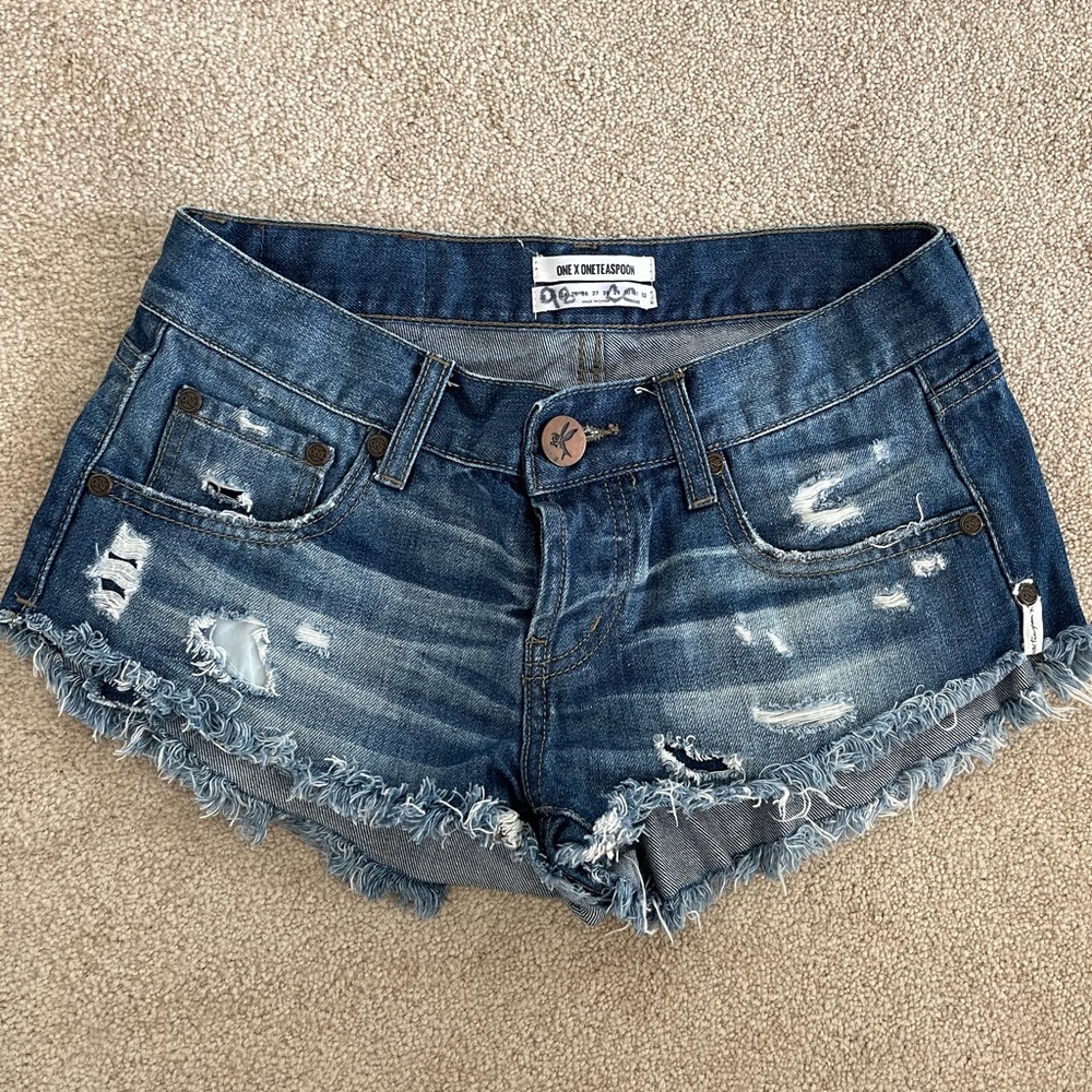 One Teaspoon Dark Blue Frayed Jean Shorts
